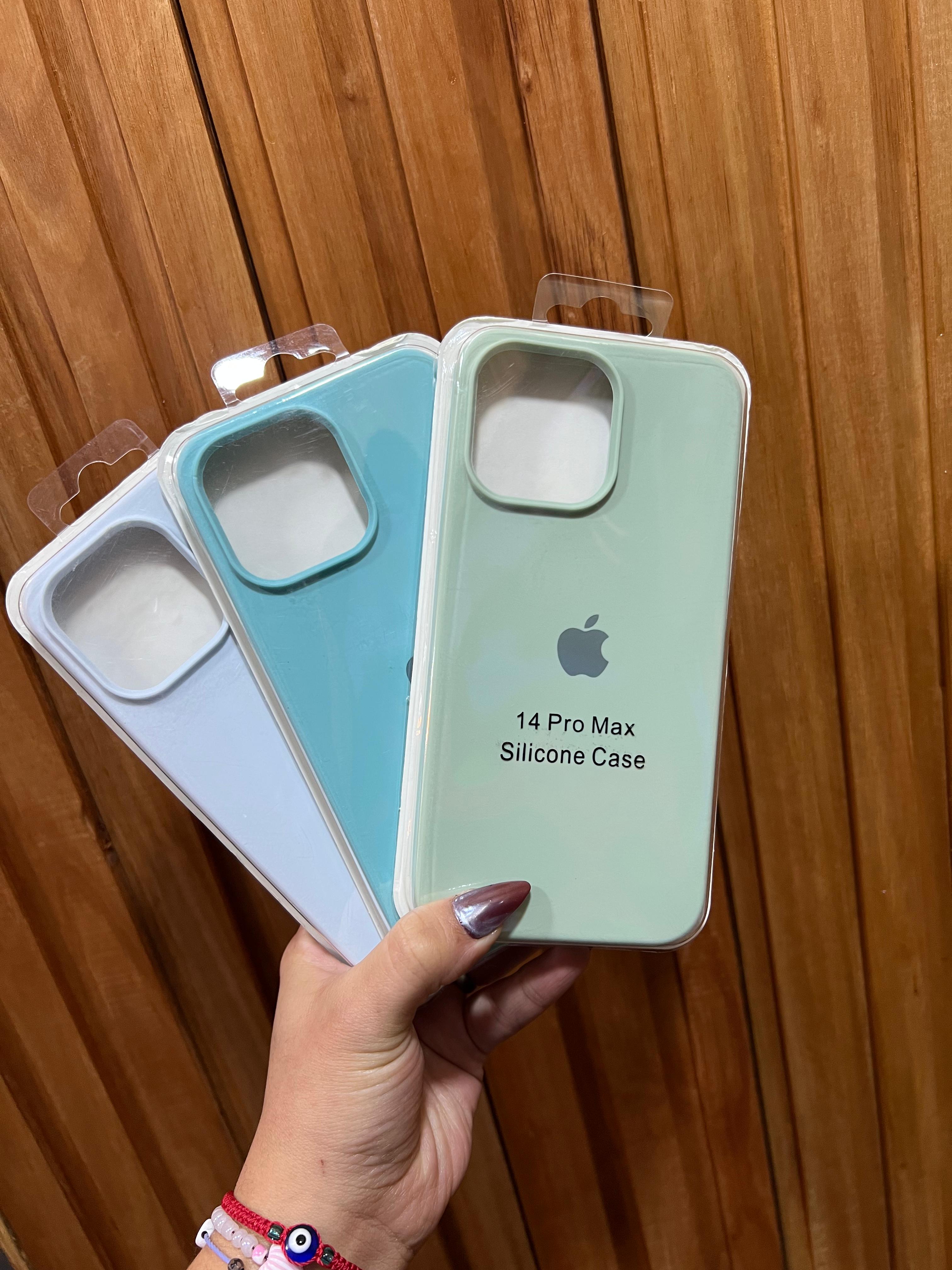 Funda Silicona iPhone 14 Pro Max Blanco, Azul y Verde Menta - Tonos suaves - TechZone Store